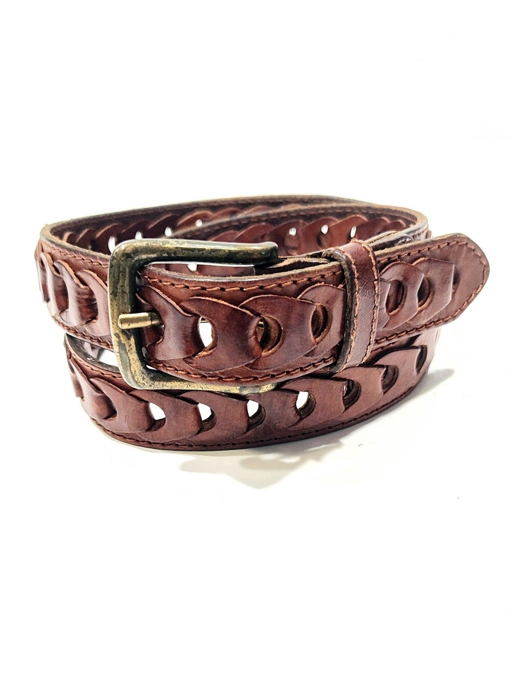 Dockers Mens Brown Genuine Leather Link Chain Belt Size 34/85 Made In Turkey